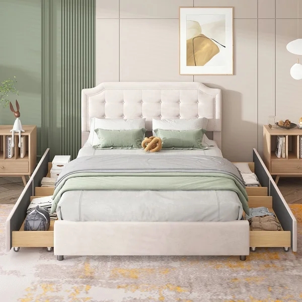 Queen Size Upholstered Platform Bed with Velvet Fabric Classic Headboard bed room set for Bedroom Apartment and Hotel 1