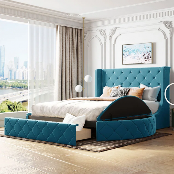 Manufactory furniture SGS report 2m 2.2m king queen navy blue Luxury velvet round storage bed with drawer for hotel 3