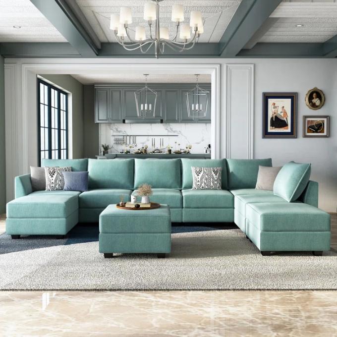 Top grade large manual assembly green ottoman cheap sofa set home furniture velvet U shaped Sectional couch home sofa 1