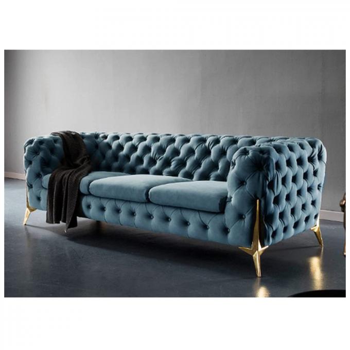 Customized Luxury Italian living room sofa Furniture Tufted 3seater Upholstered Blue color Gold metal legs home Sofa Set 2