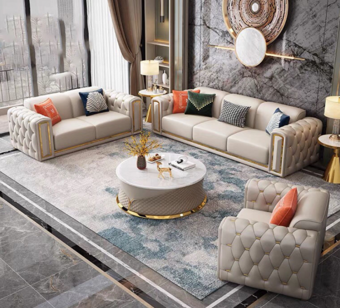 Luxury Beige Sofa Set Furniture Velvet 1 2 3 Seat Gold Stainless Steel Living Room Sofas 3