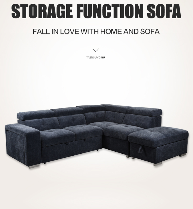 European new arrival dark blue single futon with storage 2seater+chaise chenille fabric shaped sleeper sofa bed sofa cum 2
