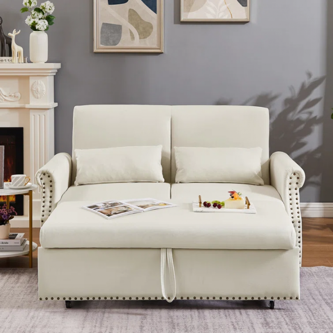 BSCI-FSC factory new Beige Fabric lhand tufted hand-applied nailhead oveseat living room sofa bed sets 1