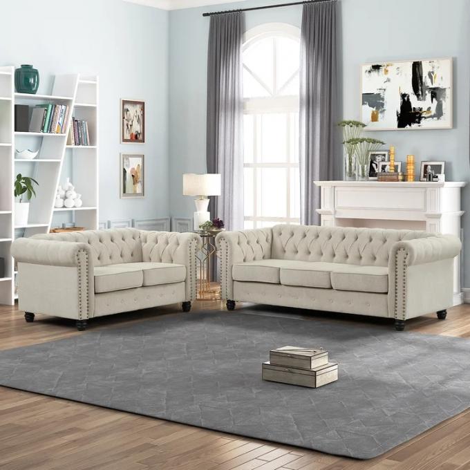 Chesterfield arm 3+2+1 seater sofa set with button tufted design light Grey Color Linen fabric Sofa for living room 1
