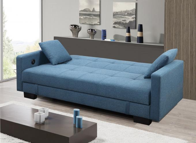 Comfortable blue color modern transformable fabric sofa bed folding futon with USB 2