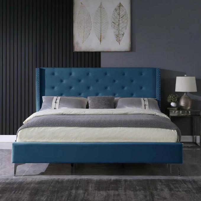 Modern button tufts nail design Blue color Minimalist and luxurious luxury bed King size for Bedroom Hotel and Apartment 5