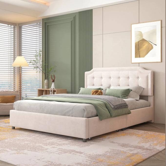 Queen Size Upholstered Platform Bed with Velvet Fabric Classic Headboard bed room set for Bedroom Apartment and Hotel 3