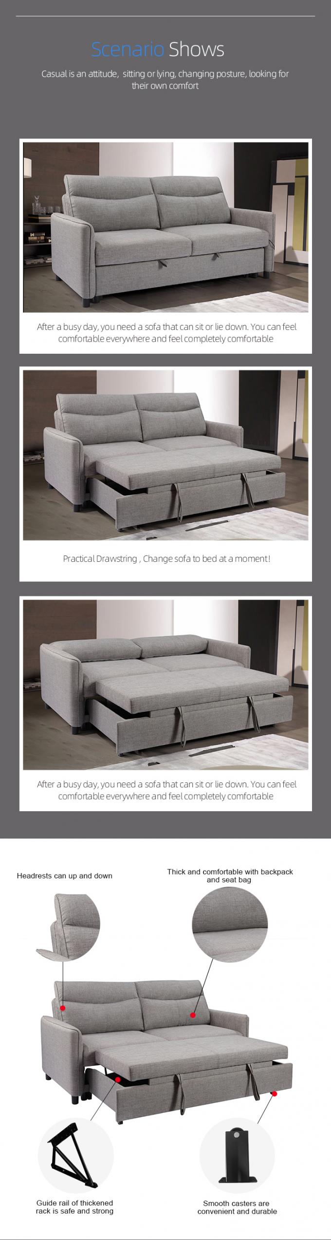 FSC-BSCI assembly functional Convertible linen fabric living room 3seater Upholstered Foldable Sleeper sofas bed with 6