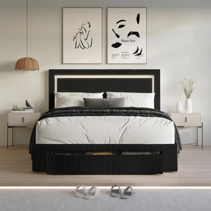 Latest modern design bed set LED Glow Headboard storage drawer Queen size comforter luxury bed for Apartment Hotel and B 2