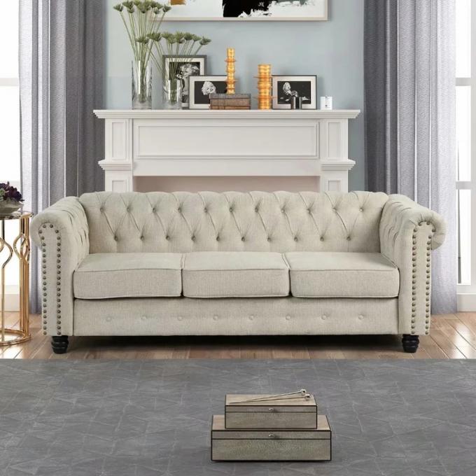 Chesterfield arm 3+2+1 seater sofa set with button tufted design light Grey Color Linen fabric Sofa for living room 2