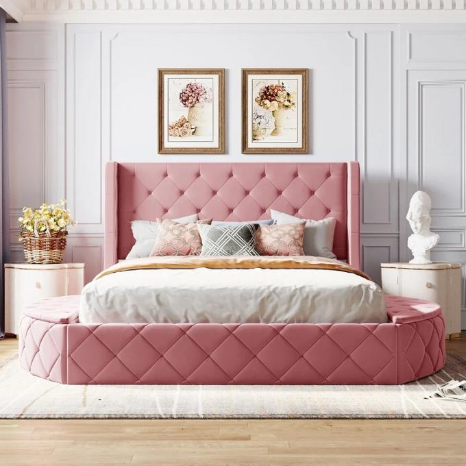 Customized beds luxury velvet beds queen size king size pink color modern functional beds for bedroom for hotel 1