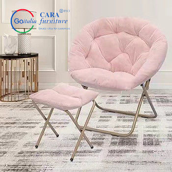 70011 Simple Style Round Shape Pink Metal Leg Space Saving Foldable Moon Chair Folding