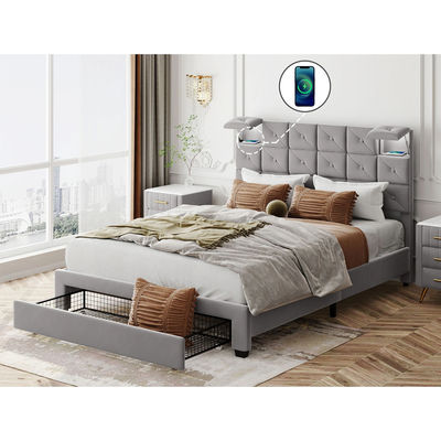 Latest New Design LED Function good quality Luxury Velvet Platform Bed with a Big Drawer and storage for Bedroom and Hot