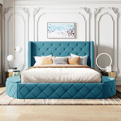 up-holstered beds king size bed frame luxury peacock green color soft beds for bedroom for hotel for apartments